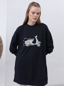 Lacivert İki İplik Kumaş Scooter Nakış Detaylı Sweatshirt