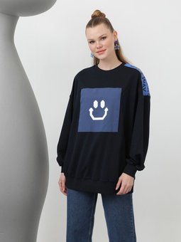 Lacivert İki İplik Kumaş Smile Baskılı Oversize Sweatshirt