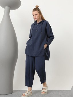 Lacivert Lyocell Kumaş Kapişonlu İkili Takım