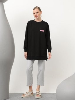 Siyah İki İplik Renkli Ayakkabı Baskılı Sweatshirt