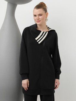 Siyah Modal Kumaş Degaje Yaka Çizgi Detaylı İkili Takım