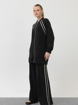 Siyah Modal Kumaş Fermuar Ve Dantel Detaylı İkili Takım