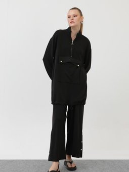 Siyah Modal Kumaş Fermuar Ve Kese Detaylı İkili Takım