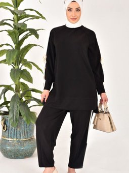 Siyah Modal Kumaş Kol Detaylı İkili Takım