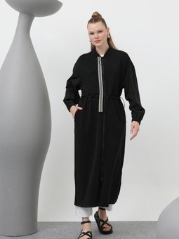 Siyah Modal Kumaş Kolları Paraşüt Detaylı Kap