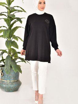 Siyah Modal Kumaş Taş Ve Nakış Detaylı Tunik
