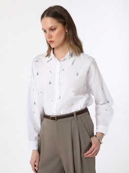 Boncuk İşlemeli Keten Exclusive Gömlek Beyaz