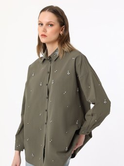 Boncuk İşlemeli Keten Görünümlü Exclusive Gömlek Haki