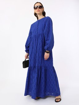 Brit Düğmeli Brode Kumaşlın Saks Mavisi Mavi Elbise