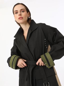 Manşet Detaylı Renk Bloklu Siyah Trençkot