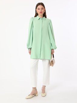 Mint Yeşili İpek Tuşeli Volümlü Kol Detaylı Tunik