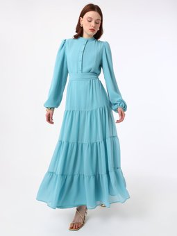 Nil Yesili Brit Düğmeli Nervür Detaylı Abiye Elbise