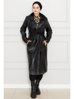 Kuşaklı Deri Siyah Trençkot