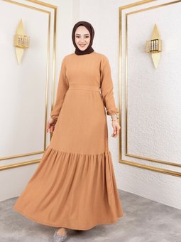 Bej Belden Kuşaklı Ve Bisiklet Yaka Bürümcük Kumaş Elbise