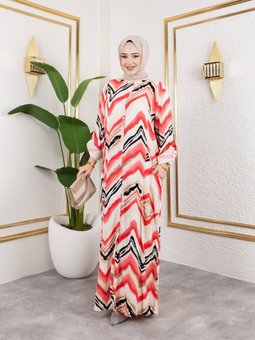 Fuşya Hakim Yaka Ve Önü Düğmeli Yandan Cep Detaylı İle Desenli Dokuma Viskon Battal Elbise