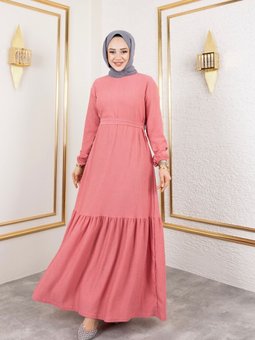 Gül Belden Kuşaklı Ve Bisiklet Yaka Bürümcük Kumaş Elbise