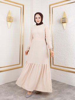 Krem Belden Kuşaklı Ve Bisiklet Yaka Bürümcük Kumaş Elbise