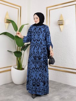 Lacivert Hakim Yaka Ve Önü Düğmeli Yandan Cep Detaylı İle Desenli Dokuma Viskon Battal Elbise