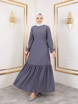 Lila Belden Kuşaklı Ve Bisiklet Yaka Bürümcük Kumaş Elbise