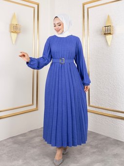 Mavi Bisiklet Yaka,kolu Lastikli Ve Kemerli Şık Piliseli Keten Elbise