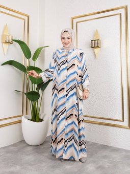 Mavi Hakim Yaka Ve Önü Düğmeli Yandan Cep Detaylı İle Desenli Dokuma Viskon Battal Elbise