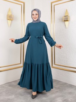 Petrol Mavisi Belden Kuşaklı Ve Bisiklet Yaka Bürümcük Kumaş Elbise