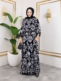 Siyah Hakim Yaka Ve Önü Düğmeli Yandan Cep Detaylı İle Desenli Dokuma Viskon Battal Elbise