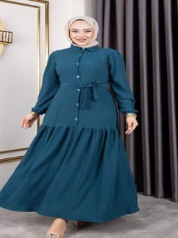 Turkuaz Belden Kuşaklı Ve Bisiklet Yaka Önü Düğmeli Bürümcük Kumaş Elbise