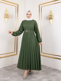 Yeşil Bisiklet Yaka,kolu Lastikli Ve Kemerli Şık Piliseli Keten Elbise