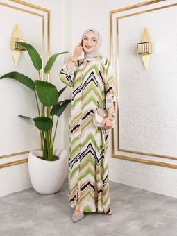 Yeşil Hakim Yaka Ve Önü Düğmeli Yandan Cep Detaylı İle Desenli Dokuma Viskon Battal Elbise