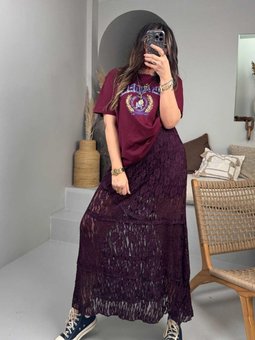 Bordo Dantel Parçalı Uzun Etek