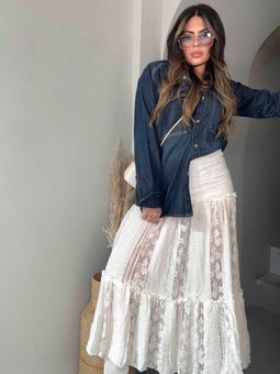Ekru Brodeli Dantel Uzun Etek