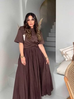 Kahve Buruşuk Dokuma Tasarım Uzun Etek