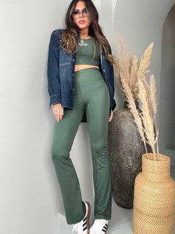 Koyu Yeşil Silikon Baskı Detay Flare Tayt Pantolon