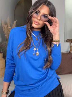 Saks Mavisi Basic Mini Yan Yırtmaçlı Sweatshirt