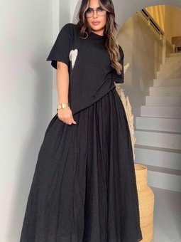 Siyah Buruşuk Dokuma Tasarım Uzun Etek