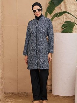 Lacivert Büyük Beden Paraşüt Kumaş Hologram Desen Tam Kapalı Mayo