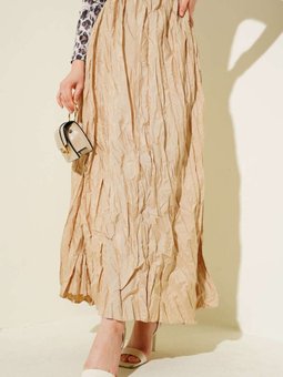 Bej Kırışık Pileli Uzun Etek