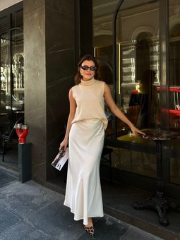 Beyaz Crep Saten Uzun Etek