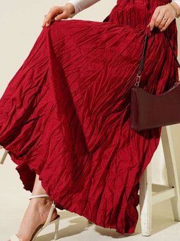 Bordo Kırışık Pileli Uzun Etek