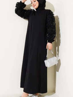 Siyah Çiçekli Tül Kollu Elbise