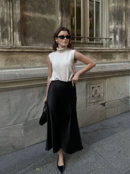 Siyah Crep Saten Uzun Etek