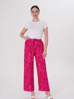 Fuşya Yazlık Bol Paça Dijital Baskı Desenli Viskon Pantolon