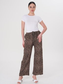 Kahverengi Bol Paça Dijital Baskı Leopar Desenli Viskon Kumaş Pantolon