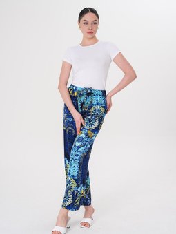 Mavi Bol Paça Dijital Baskı Desenli Viskon Kumaş Pantolon