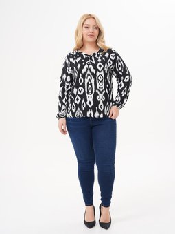 Siyah Büyük Beden Uzun Kol Yazlık Etnik Desen Bluz Tunik Gömlek