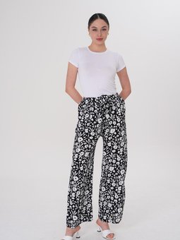 Siyah Yazlık Bol Paça Dijital Baskı Desenli Viskon Pantolon