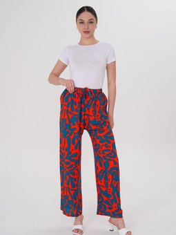 Turuncu Yazlık Rahat Dijitla Baskı Desenli Viskon Pantolon