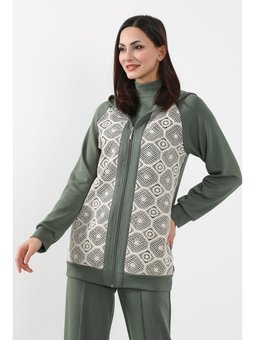 Dantel Detaylı Fermuarlı Kapüşonlu Haki Hırka Swet,sw