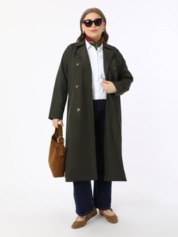 Belden Kuşak Detaylı Büyük Beden Haki Trençkot